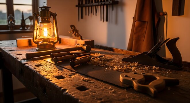 Traditional Workbench at Dusk with Lantern Glow and Hand Tools