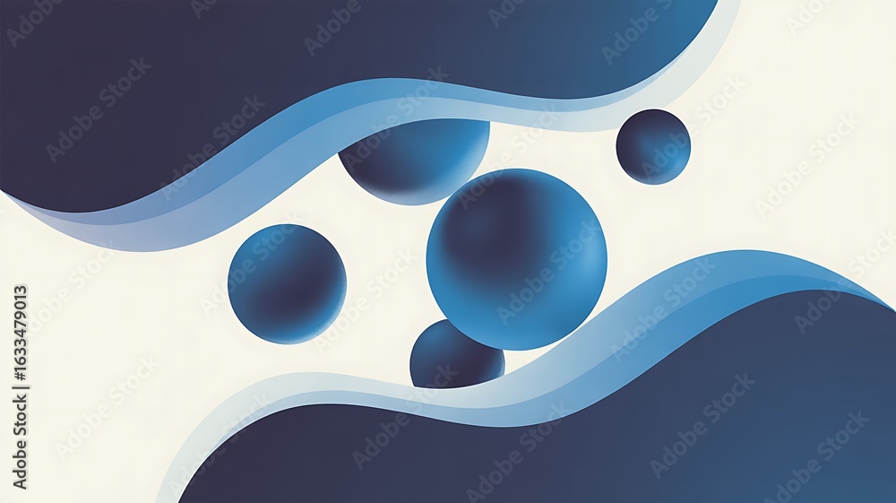 Poster dynamic abstract background with blue spheres and flowing waves, perfect for modern design projects