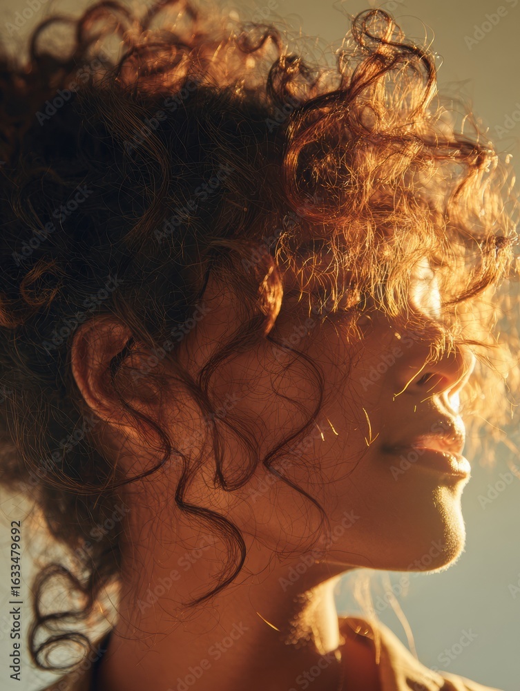 Poster natural curls glow in golden hour light with an empty background, showcasing vibrant textures and so