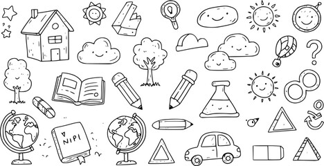 Fototapeta premium Hand-Drawn Doodle School Elements Illustration: House, Globe, Clouds, Trees, Math Symbols, Pencils More
