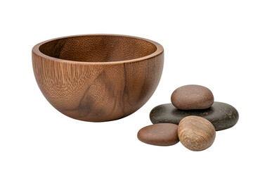 Wooden Bowl with Stones: A beautifully crafted wooden bowl is set beside smooth, rounded stones, the natural textures and earthy tones creating a scene of rustic tranquility.