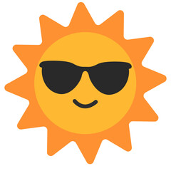 Cool smiling sun character with sunglasses, representing summer fun, sunlight, heat, vacation, beach, and warm weather.