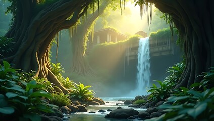 A mysterious low poly jungle with thick vegetation, cascading waterfall, hidden ancient temple ruins, polygon vines, and mystical fog

