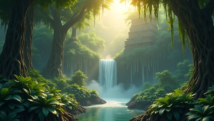 A mysterious low poly jungle with thick vegetation, cascading waterfall, hidden ancient temple ruins, polygon vines, and mystical fog

