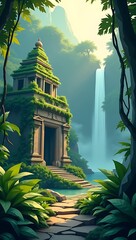 A mysterious low poly jungle with thick vegetation, cascading waterfall, hidden ancient temple ruins, polygon vines, and mystical fog

