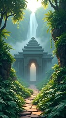 A mysterious low poly jungle with thick vegetation, cascading waterfall, hidden ancient temple ruins, polygon vines, and mystical fog

