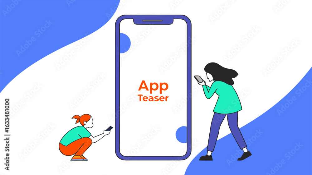Poster two people interact with a large smartphone displaying app teaser suggesting mobile app development 