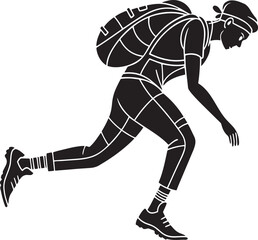 Silhouette of a female hiker running with a backpack