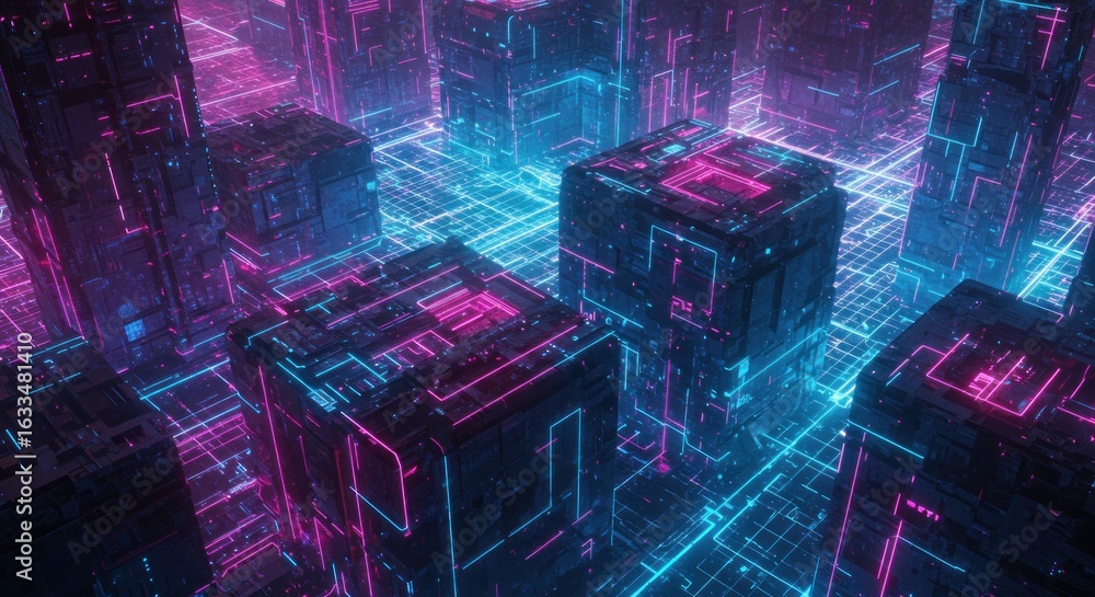 Aufkleber futuristic cityscape rendered in vibrant neon lights with intricate network patterns, creating an