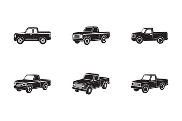 Set of Six Vintage Pickup Truck Silhouette Illustrations Vector Design Collection for Automotive and Transportation Concepts