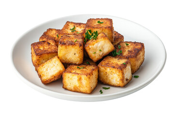 Golden Tofu Cubes: Crispy and golden, tofu cubes tantalize the palate in a photorealistic close-up on a simple, clean plate. It's a culinary celebration of flavor and texture.