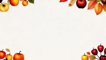 Watercolor video of leaves and vegetables on light background. Autumn greeting video cards, wedding invitations and decorations. Thanksgiving flat lay, aquarel background with copy space.