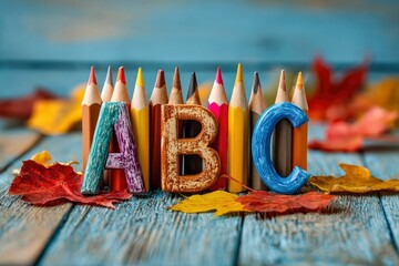 ABC letters stand amongst colored pencils on a blue wood surface with autumn leaves scattered around