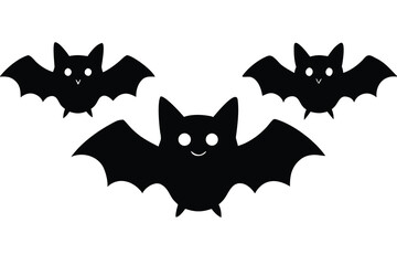Fototapeta premium Three Black Cartoon Bats Flying Against a White Background, Halloween Illustration