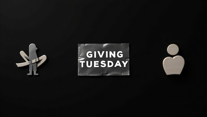 Giving tuesday concept featuring a person, gift, and text on a black background, representing charity, donation, and support for nonprofits and community initiatives to promote kindness and generosity
