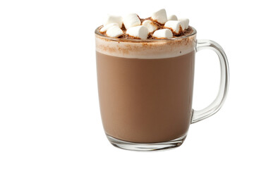 Cozy Cocoa: A close-up shot of a transparent glass mug, overflowing with warm cocoa, generously topped with fluffy marshmallows, offering a visual of comfort.