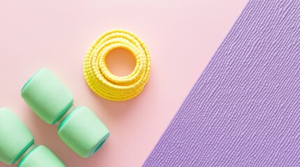 Obraz premium Pastel workout gear. Light green dumbbells and bright yellow exercise cord on a pink and lavender background