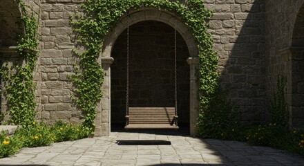 Naklejka premium Serene courtyard retreat, featuring a suspended swing within an archway covered by climbing vines