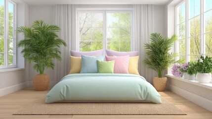 Bright Bedroom with Pastel Bedding and Potted Plants