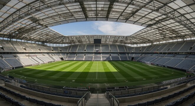 Panoramic view of a modern football stadium on a sunny day showcasing architectural magnificence