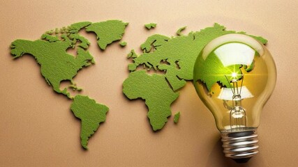 Green world map with light bulb symbolizing eco friendly energy and sustainable environment innovation for global sustainability concept