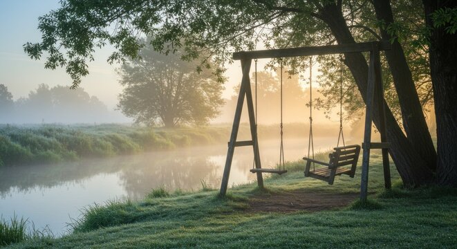 Peaceful Morning by the River with a Wooden Swing Underneath Green Canopy Trees