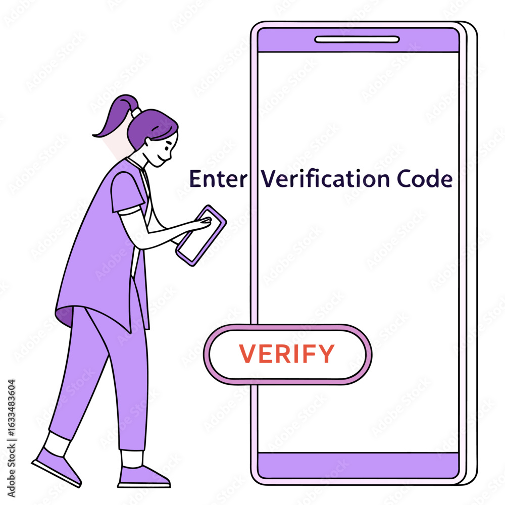 Poster young woman uses a tablet to enter a verification code on a large smartphone screen to complete a se