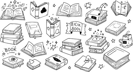 Whimsical Book Collection: A Doodle-Style Vector Illustration of Reading, Stories, and Magical Worlds