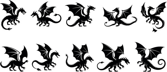 silhouette set, fantasy creature icons, mythical beast shapes,fantasy creature icons, mythical beast shapes, flying dragon poses, winged reptile designs, vector illustration collection