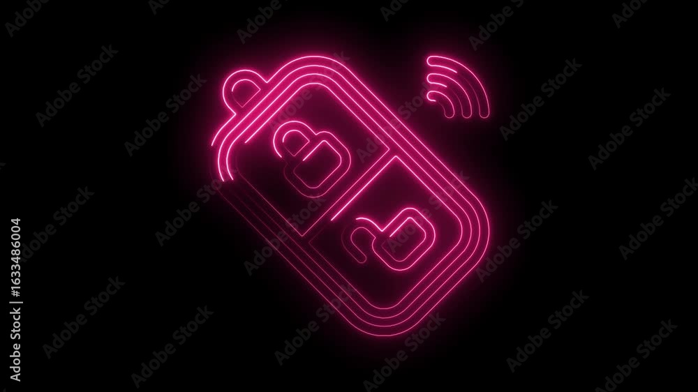 Poster glowing neon car key icon with lock and unlock symbols and signal waves isolated on black background