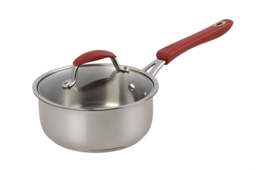 Stainless steel saucepan with red handle isolated on a transparent background cooking