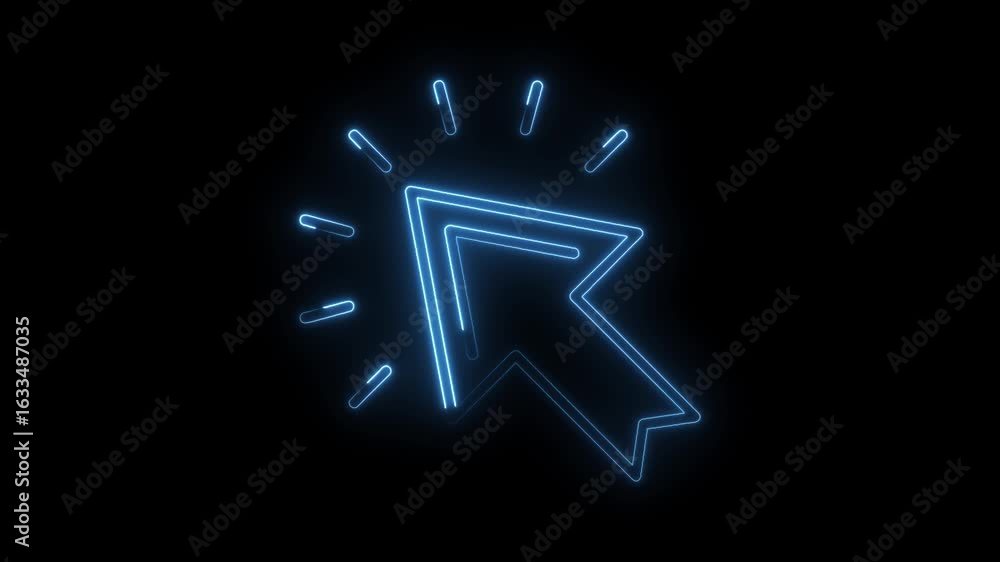 Poster glowing blue neon cursor icon animated with radiating light pulses on a dark transparent background
