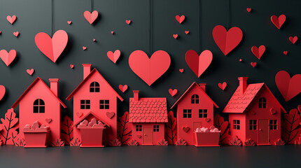 Red paper craft houses and hearts on a dark green background, creating a sweet and romantic valentines day decoration, symbolizing love, family, and the warmth of home