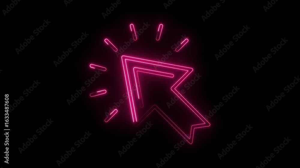 Poster glowing neon pink cursor icon pulsing with light radiating lines on a transparent black background