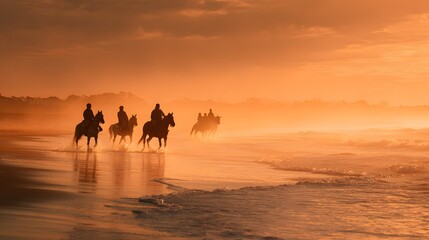 Silhouetted riders on horseback ride along a beach at sunset or sunrise.