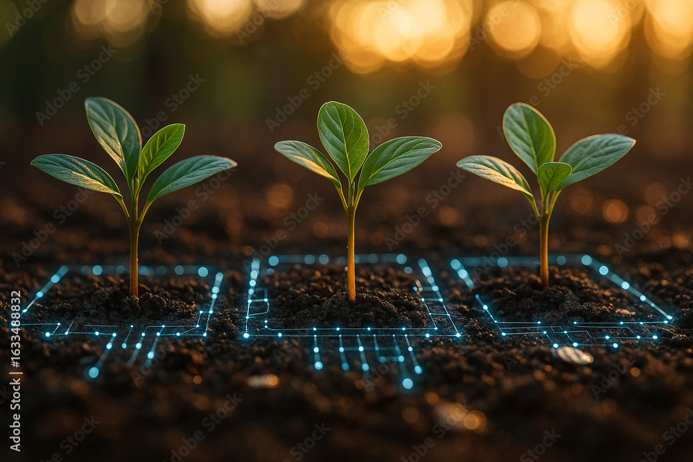 Poster ai generated image of three green seedlings growing in rich soil with glowing blue digital circuit p