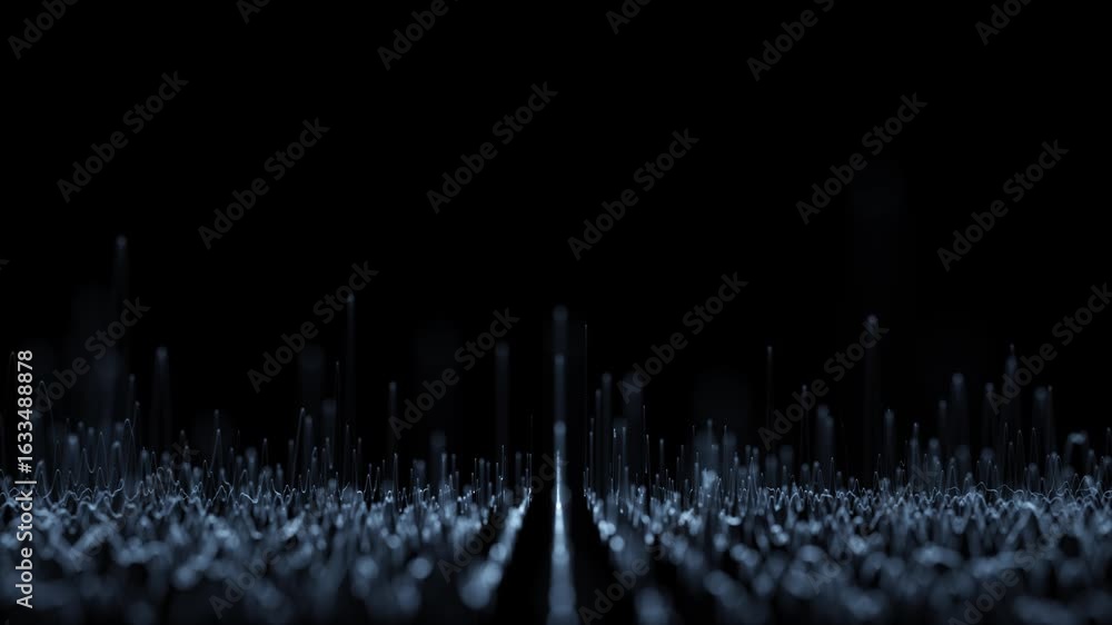 Poster digital wavy artistic glowing motion lines on clean black copy space loop background.m