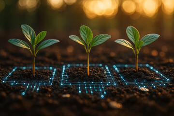 AI generated image of three green seedlings growing in rich soil with glowing blue digital circuit patterns representing smart farming precision technology and futuristic agriculture