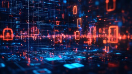 Fototapeta premium Cyber security and data protection concept showcasing digital business privacy, secure network firewall, and encrypted information technology systems for online safety, risk management, and cybercrime