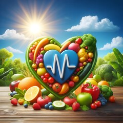 Nutritious Lifestyle Icon – Heartbeat and Fresh Organic Food Illustration.