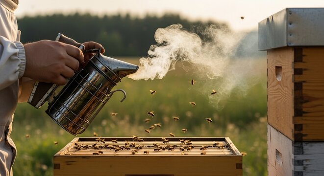 A beekeeper in a protective suit uses a smoker to calm bees at a wooden beehive.