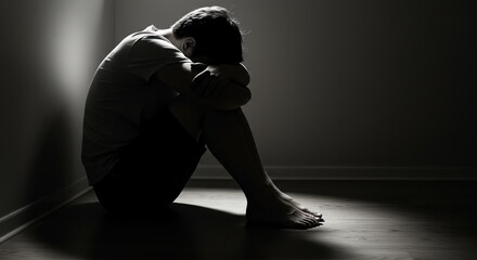 A grayscale image of a person sitting in a corner, head bowed in despair.