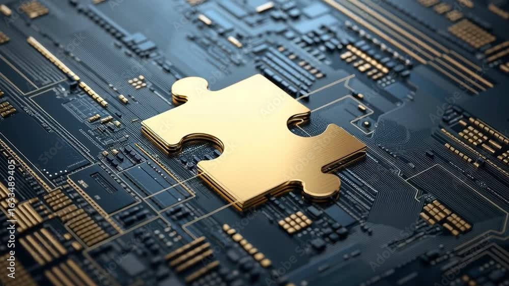 Aufkleber golden puzzle piece on electronic circuit board symbolizing technology connection innovation problem