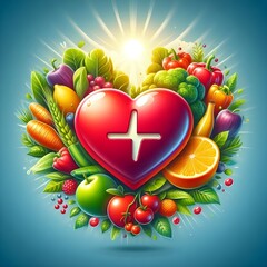 3D Concept of Heart Health with Natural Fruits and ECG Line.