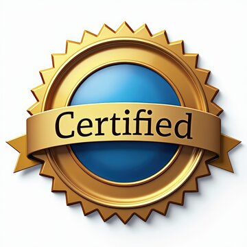 Certified label with realistic 3D design in blue and gold tones. Metallic ribbon and star elements add a professional, premium look. Ideal for use in digital product authentication, business certifica