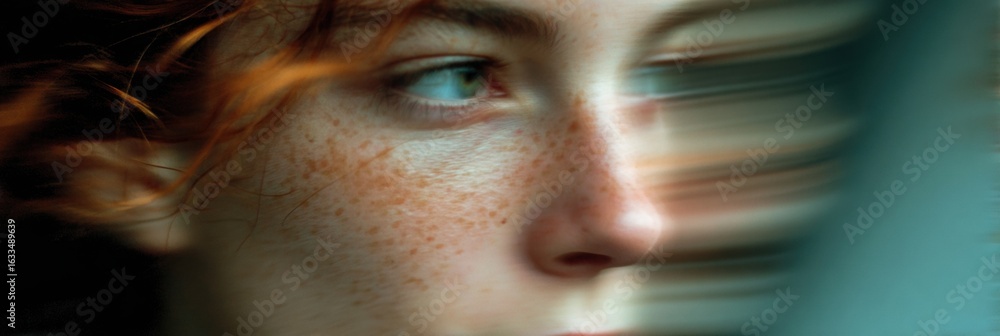 Poster natural freckled face captured in motion blur, showcasing soft colors and an artistic blur effect th