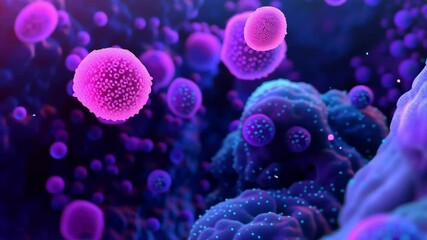 Microscopic view vibrant purple blue virus particles and cells showing detailed texture glowing effects biology infection microscopic particle cell - Powered by Adobe