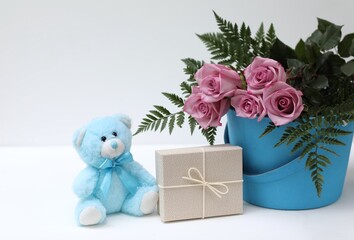 Gift, teddy bear toy, pink roses, flowers, free space, day