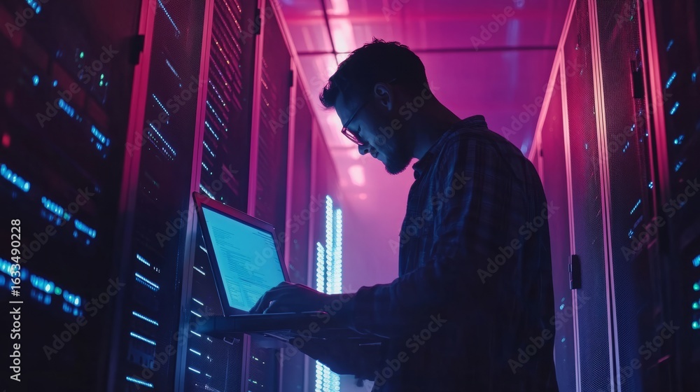 Poster data center it specialist working on laptop while managing server racks, professional male engineer 