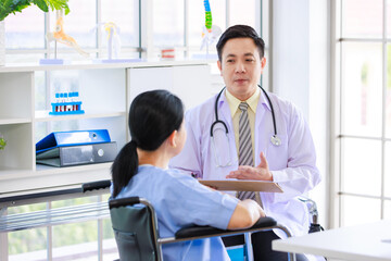 Asian male doctor in white coat with stethoscope, consulting explain medications to senior female patient professional support trust healthcare checkup, insurance treatment wellness in hospital clinic